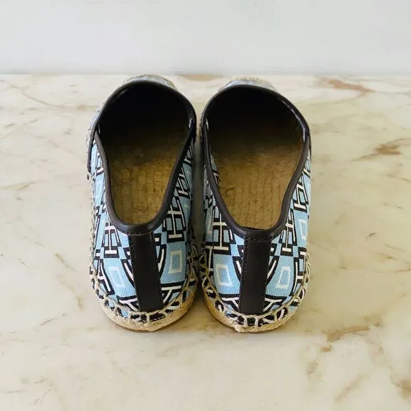 TORY BURCH Blue Brown 4T Logo Print Canvas/Veg Leather Espadrille Flats - US 6.5 - Picture 4 of 7